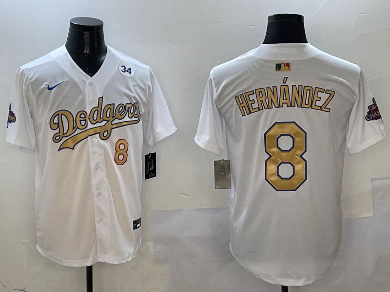 Men Los Angeles Dodgers #8 Hernandez White Champion gold character 2025 Nike MLB Jersey style 4